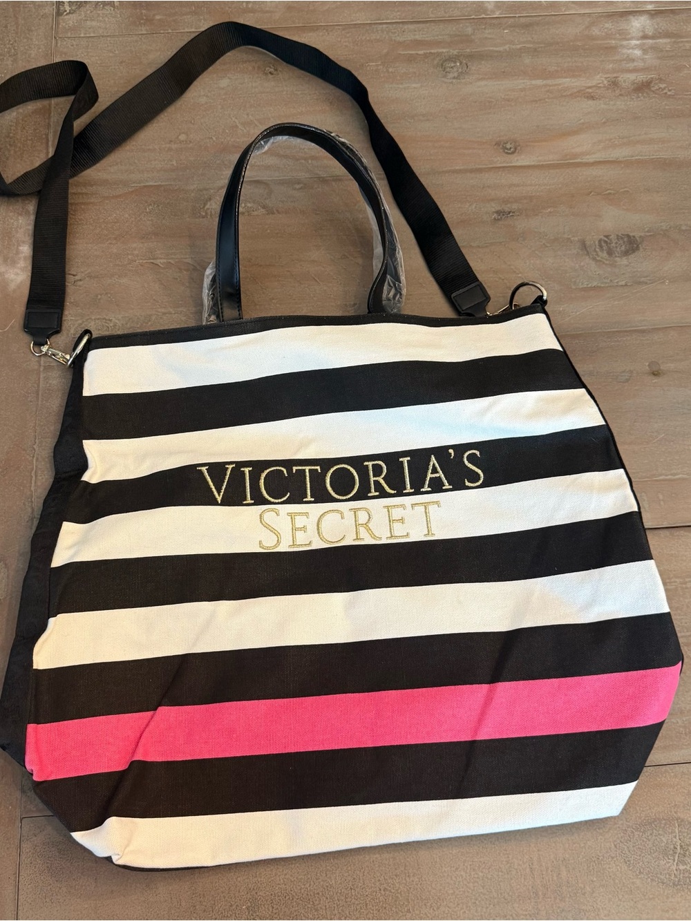 Victoria's Secret Black, White & Pink Striped Canvas Tote